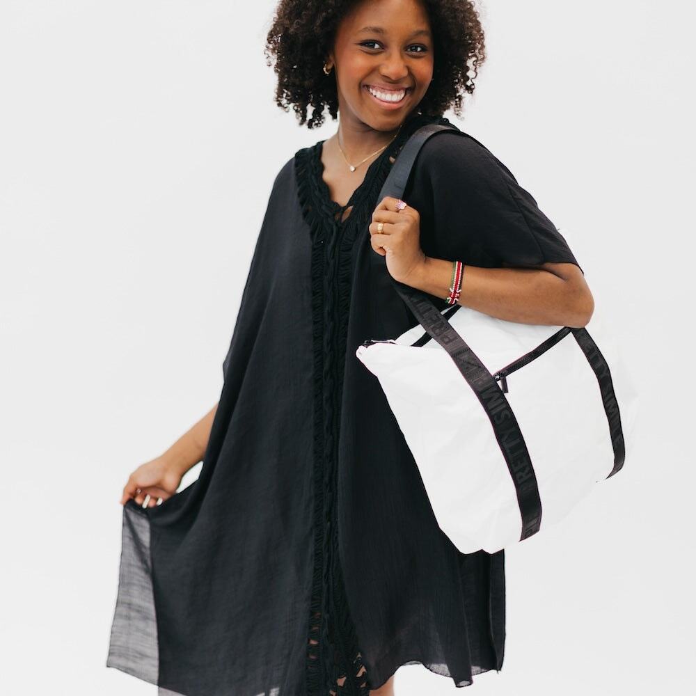 Pretty Simple Beach Zipper Tote Bag - White Black Stripe